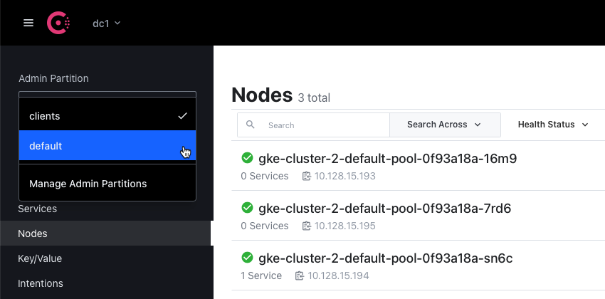Partitions will appear in the Admin Partitions drop-down menu within the Consul UI.